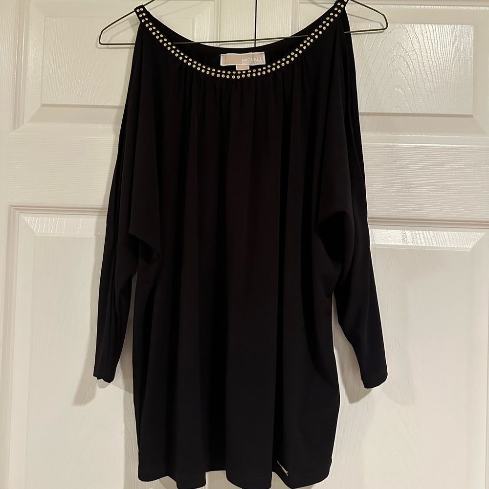 NWT! Michael Kors Black Off-Shoulder Long Sleeve Top with Studded Neckline